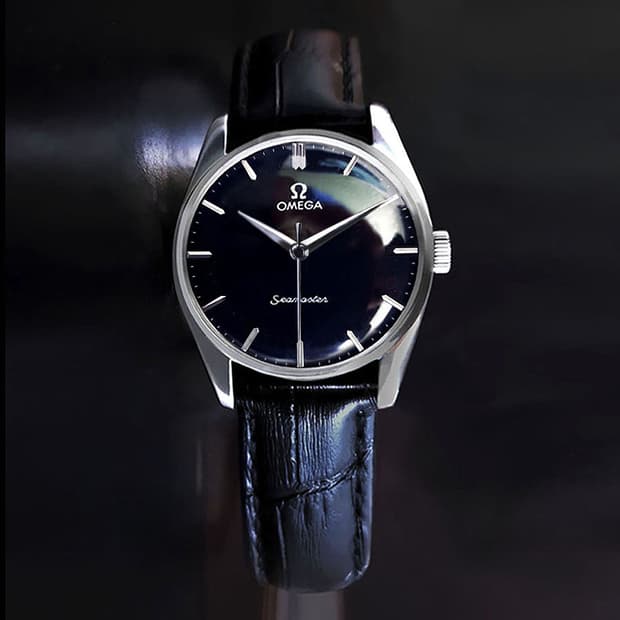 오메가 빈티지 씨마스터 블랙판 남성 수동 가죽 시계