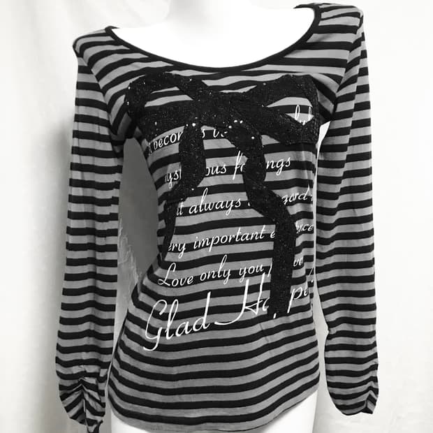 빈티지 갸루 글리터 리본 스트라이프 셔링 롱슬리브 탑