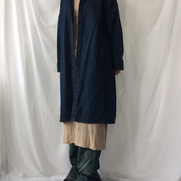 Hood denim long open jacket