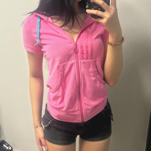 Adisas 네오라벨 트랙 스포티 핫핑크 반팔 후드집업