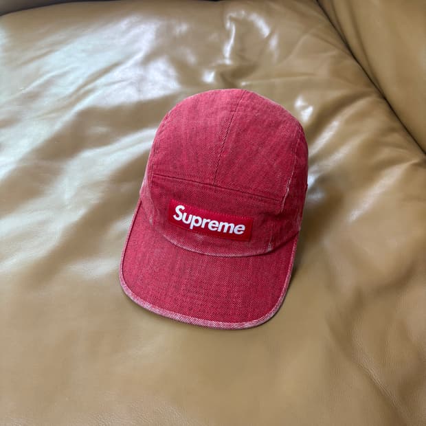 슈프림 캠프캡 모자 박스로고 워시드 데님 레드