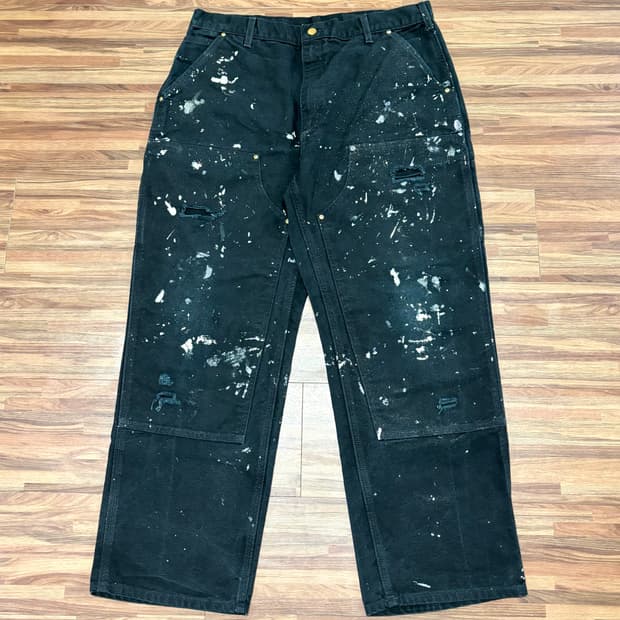 미제 칼하트 더블니 페인티드 블랙 카펜터 워크 팬츠 36