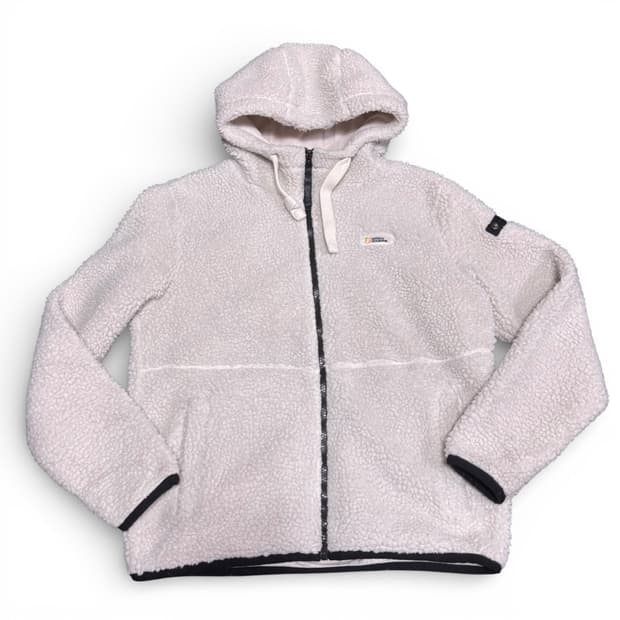 S 95 내셔널지오그래픽 크림 뽀글이 후리스 후드집업