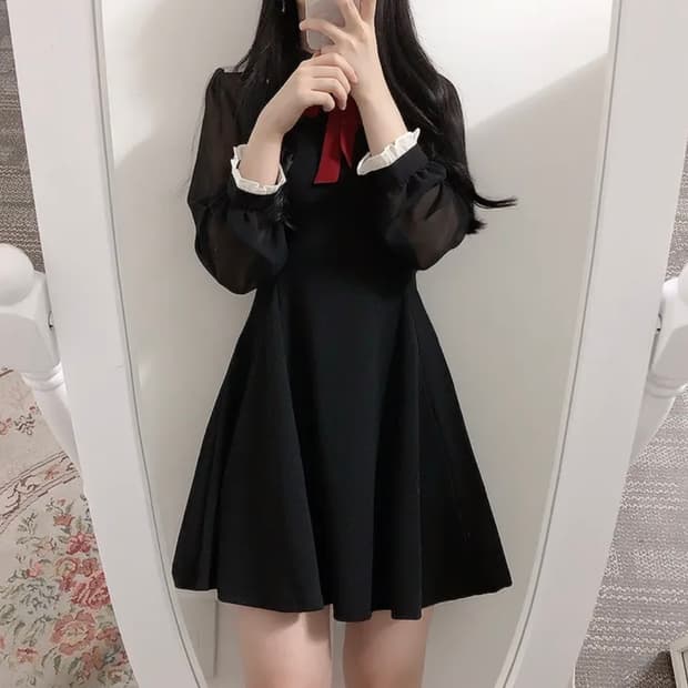배색 리본 원피스