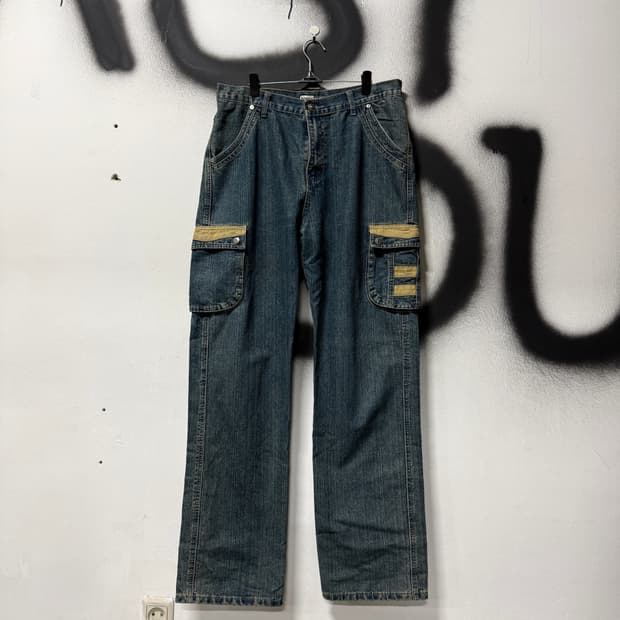 VTG 빈티지 배색 포켓 디테일 워싱 와이드 카고 데님 팬츠