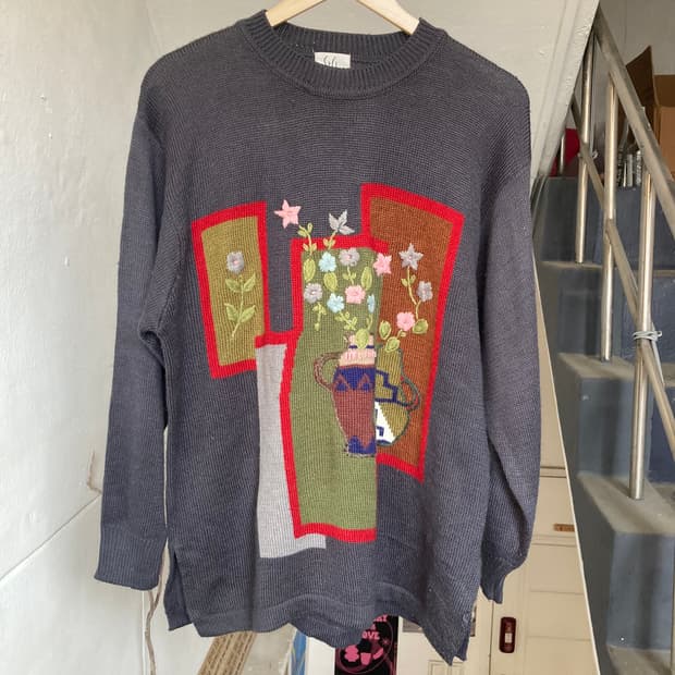 빈티지 자수 그레이 니트