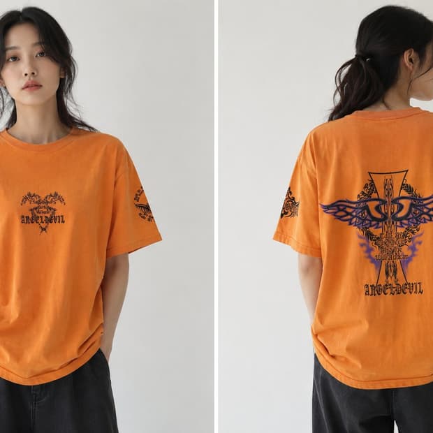 [S] 엔젤데빌 트라이벌 그래픽 Y2K 오렌지 반팔 티셔츠
