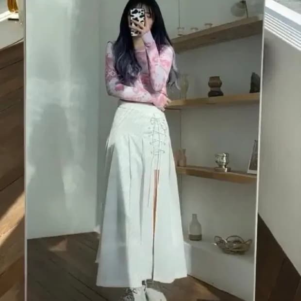 라뇨 체리퀴리 스커트 여신스커트  화이트