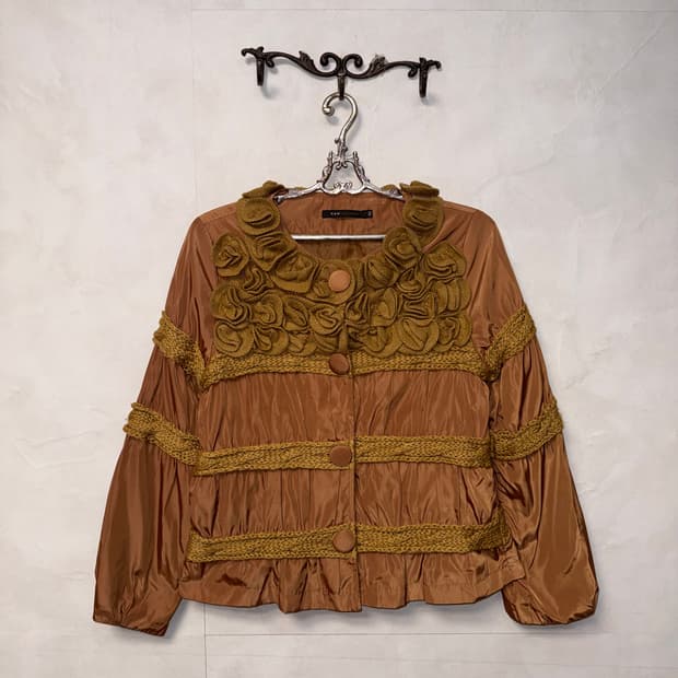 Brown ruffle flower woven satin jacket 