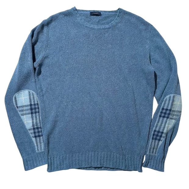 버버리 실크 린넨 체크 엘보패치 라운드 니트