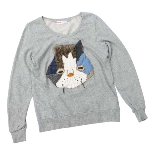 네넷(Ne-net) 빈티지 고양이 패치워크 엘보 패치 그레이 맨투맨