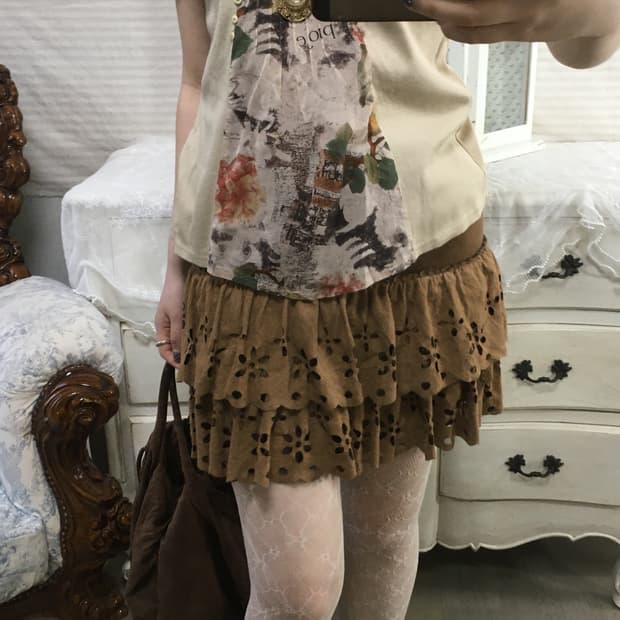 일본빈티지 브라운 펀칭 캉캉 스커트
