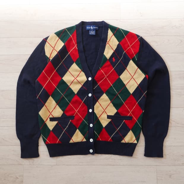 빈티지 폴로 랄프로렌 울 아가일 체크 가디건