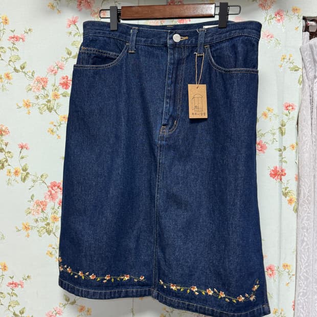 빈티지 플라워 자수 데님 스커트