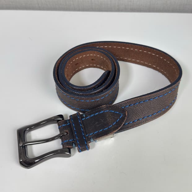 블루 스티치 리얼 레더 벨트