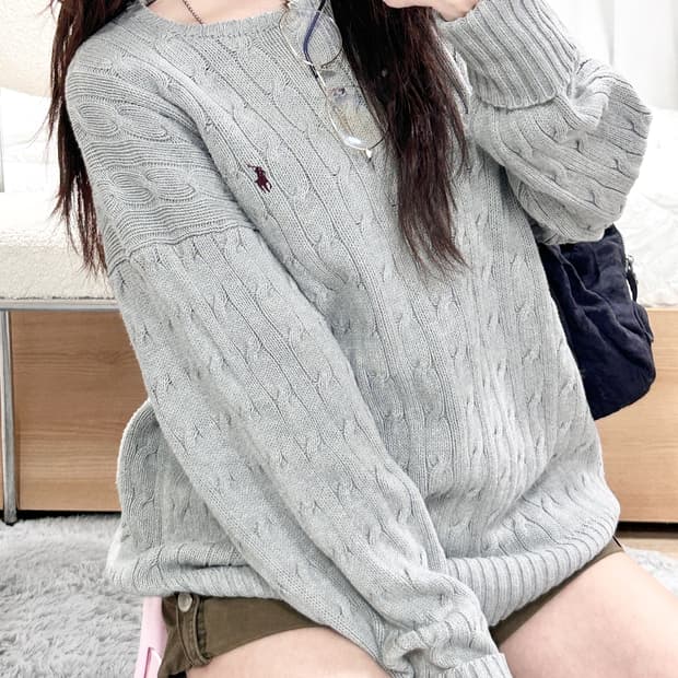 폴로 버건디포니 그레이 케이블니트