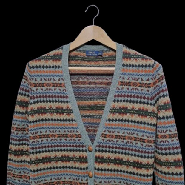 여성 레어 폴로 울 램스울 페어아일 긴팔 가디건 니트 스웨터 브이넥