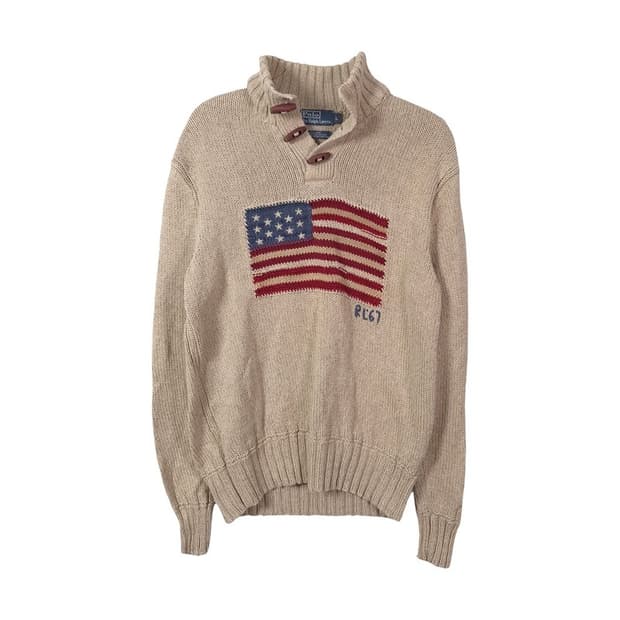 폴로 랄프로렌 성조기 리넨 코튼 실크 혼방 하프버튼 니트 L