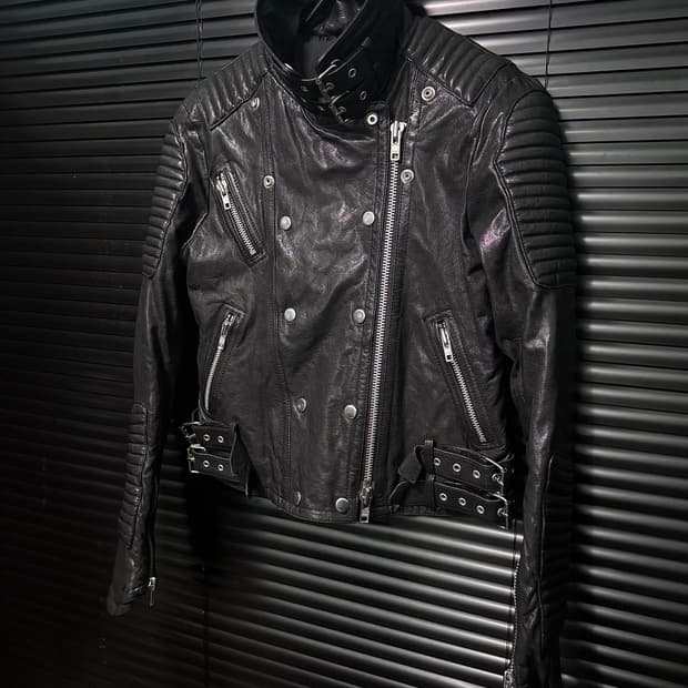 yeowoozit 엠보싱 락 고스 펑크 더블 라이더 바이커 지퍼 양가죽