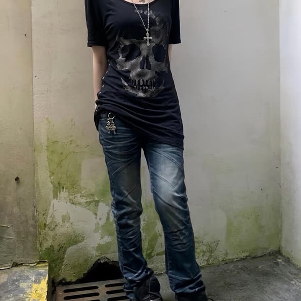 펑크 갸루 y2k 스컬 큐빅 백 리본 미니 반팔 원피스