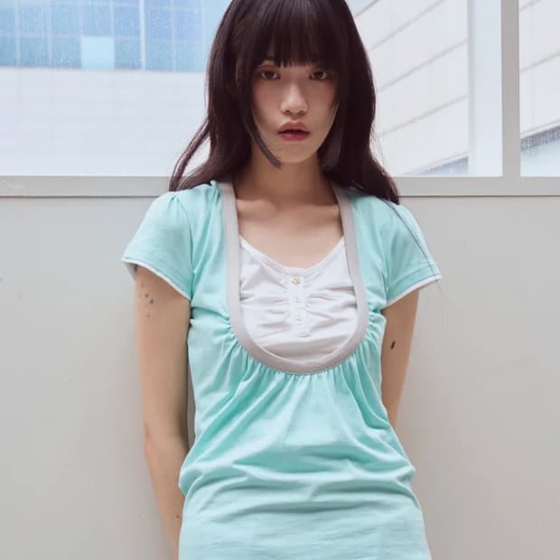 오피쉬 셔링 유넥 티셔츠 민트 Shirring U neck T-shirt