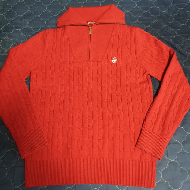 비버리힐스폴로클럽 케이블 하이넥 딱붙핏 하프집업 니트 레드(S)