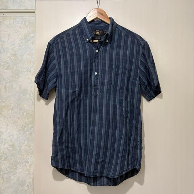 RRL 더블알엘 인디고 코튼 리넨 스트라이프 풀오버 반팔 셔츠