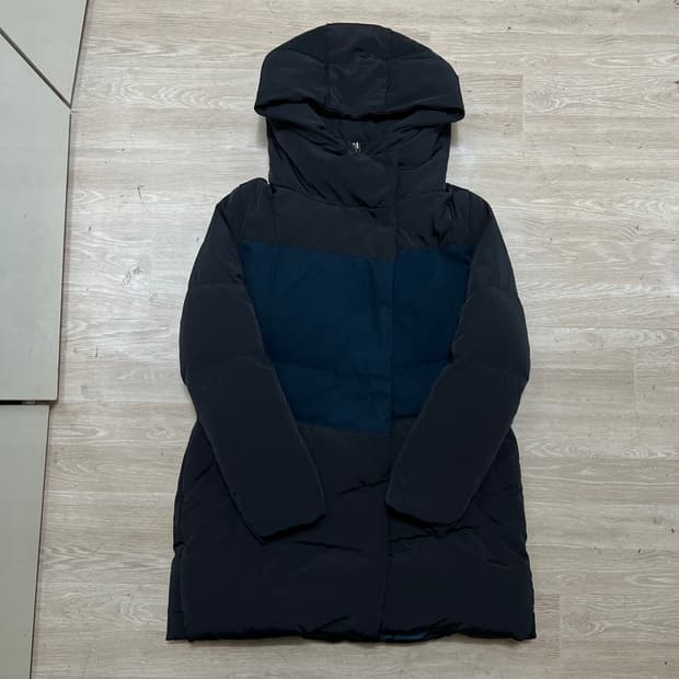 지고트 여성 구스다운 배색 후드 미디엄 롱패딩 [블랙] 88-90-160