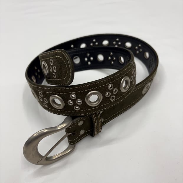 빈티지 펀칭 아일렛 카키 웨스턴 레더 벨트