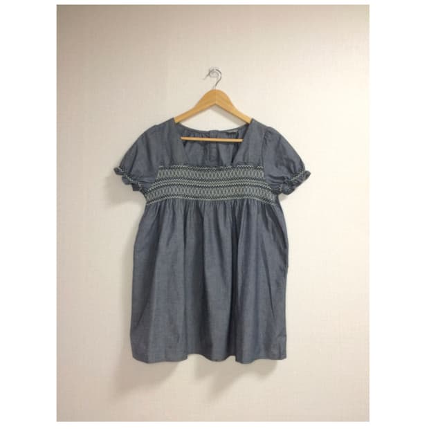 빈티지 블루 스퀘어넥 퍼프 반팔 블라우스