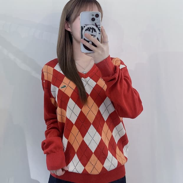 라코스테 아가일 브이넥 니트