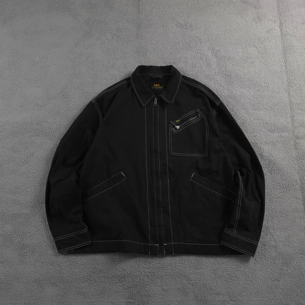 Lee 아웃 스티치 가죽 패치 트러커 자켓 블랙 (XL)