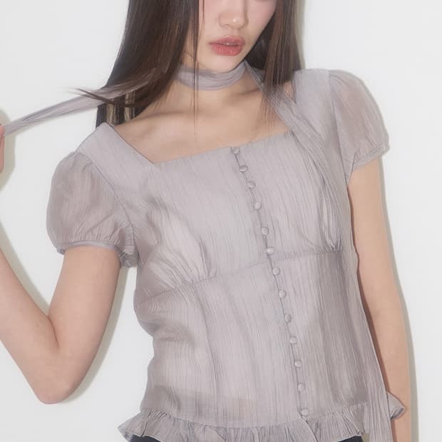 일리고 리본 타이 스퀘어넥 블라우스 그레이 S