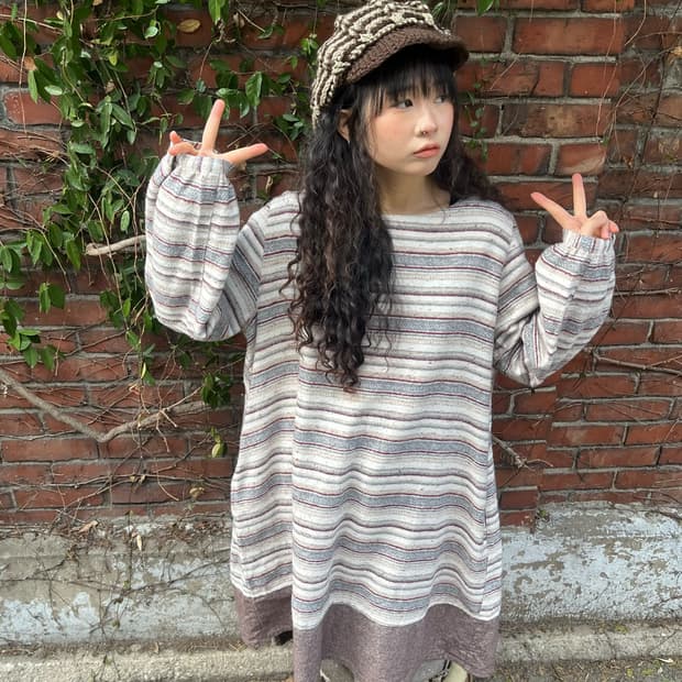 일본 무드 줄무늬 미디 원피스