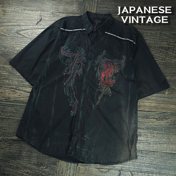 [일본빈티지] 고딕 펑크 프린팅 오버사이즈 반팔 셔츠 블랙 M20998