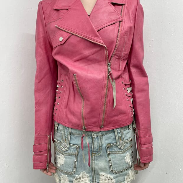핑크 레더 아일렛 라이더 자켓