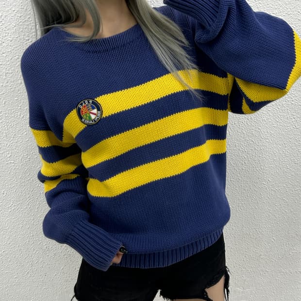 폴로 랄프로렌 90s 옐로우배색 애쉬퍼플 니트 95