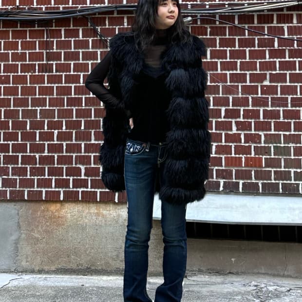 퍼 베스트 시스루 목폴라 트루릴리젼 로우웨스트 팬츠 코디세트 