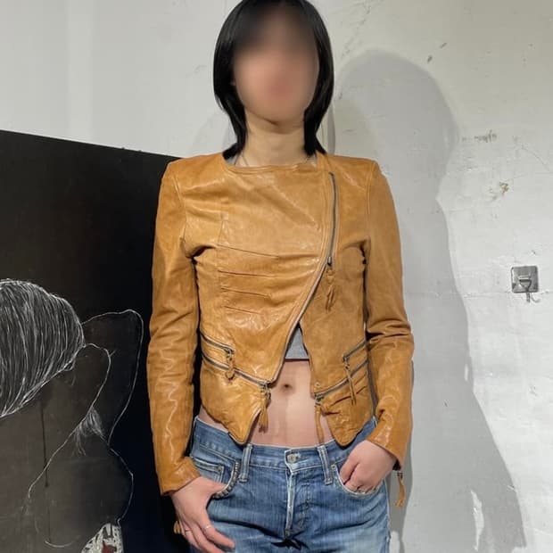 일본빈티지 양가죽 지퍼 디테일 펑크 크롭 레더 자켓  M