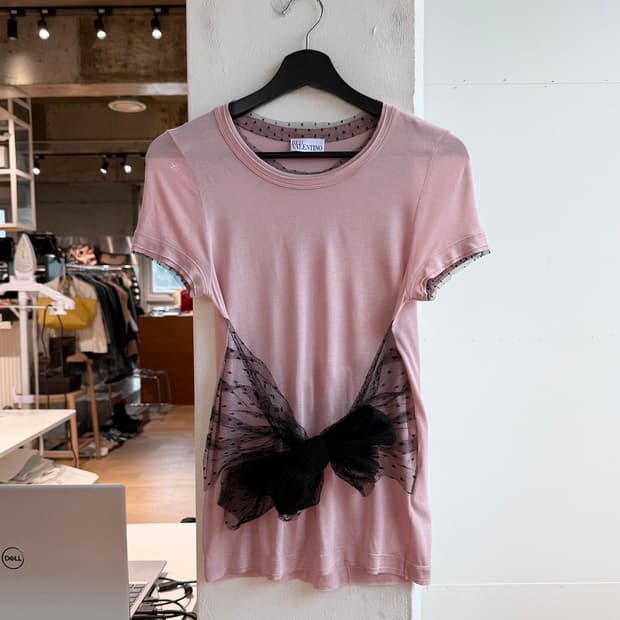 레드 발렌티노 핑크 시스루 리본 하프티