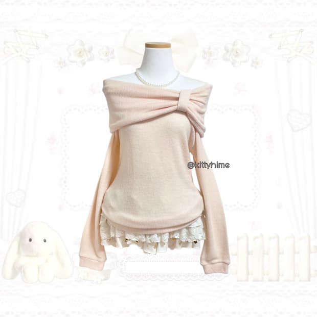 콜자 히메갸루 러블리 빅리본 원피스 리본 오프숄더 히메 갸루 니트