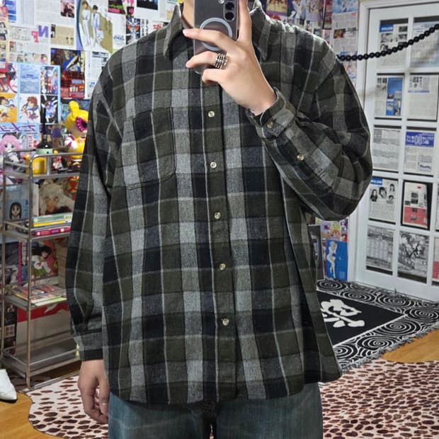 일본 빈티지 카키 그레이 아메카지 체크 셔츠