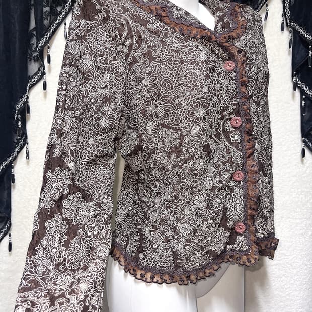 오리엔탈 페어리 플라워패턴 시스루 브라운 레이스 자켓 핀터 모리 그런지