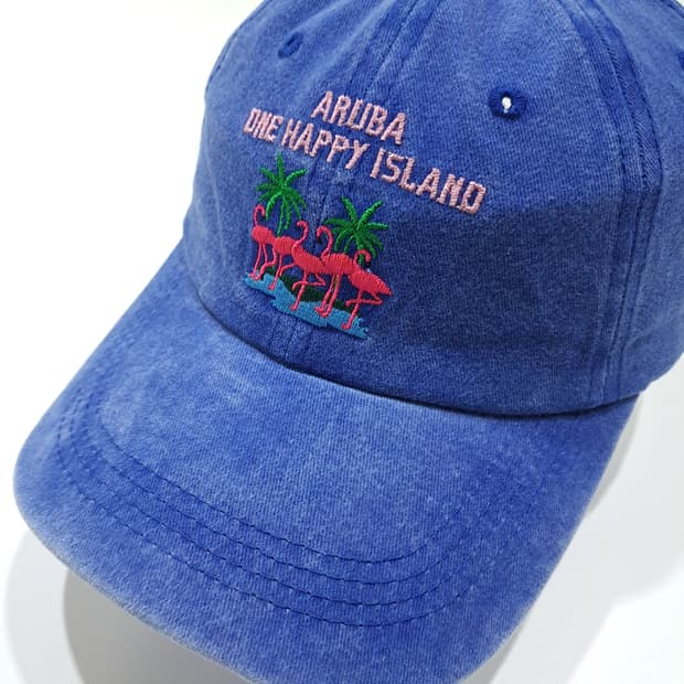 해피 아일랜드 플라밍고 & 야자수 자수 블루 워싱 볼캡 모자 P2040