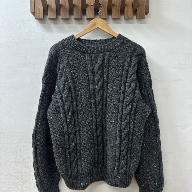 빈티지 핸드메이드 울 피셔맨 꽈배기 아란 니트 스웨터