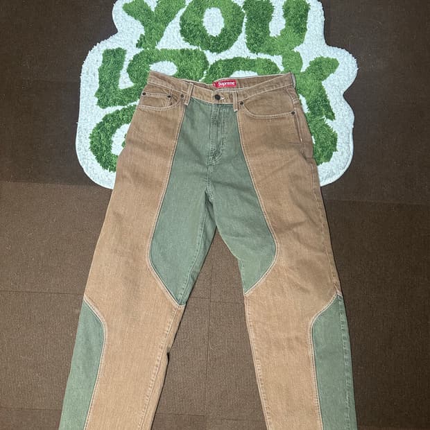 슈프림 투톤 패널드 배기 진 브라운