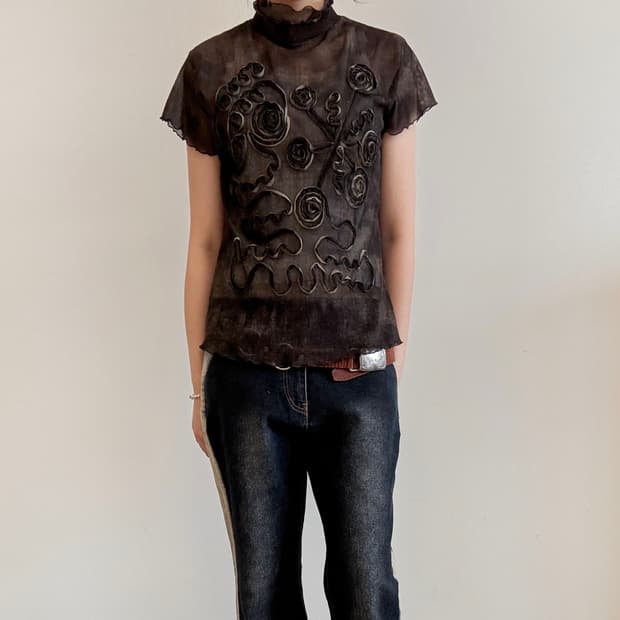 Sheer Appliqué Mock Neck Mesh Top