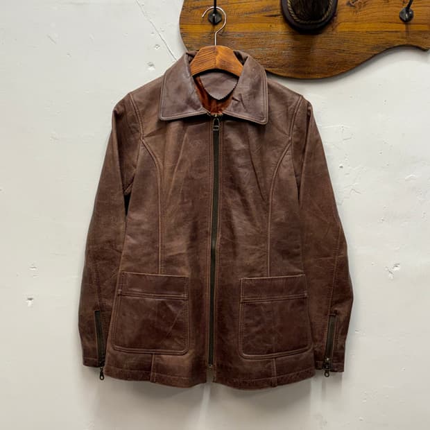 Vintage Sheepskin Leather Zip-Up Jacket