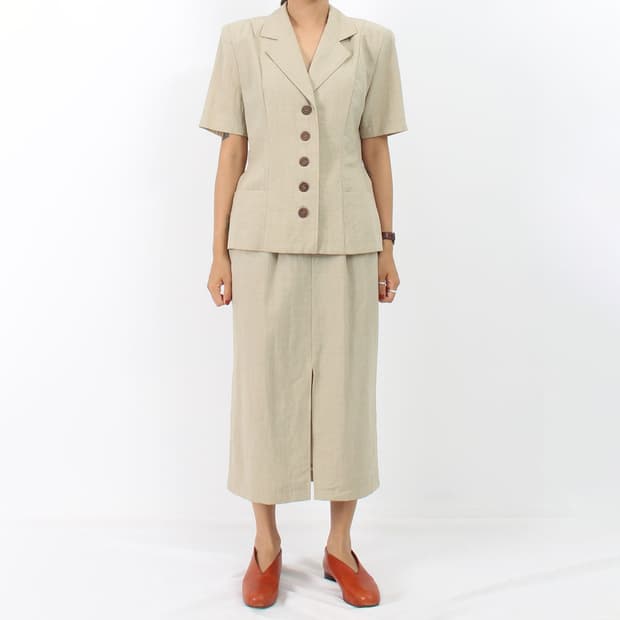 일본 빈티지 써머 울 반팔 자켓 롱 트임 스커트 셋업