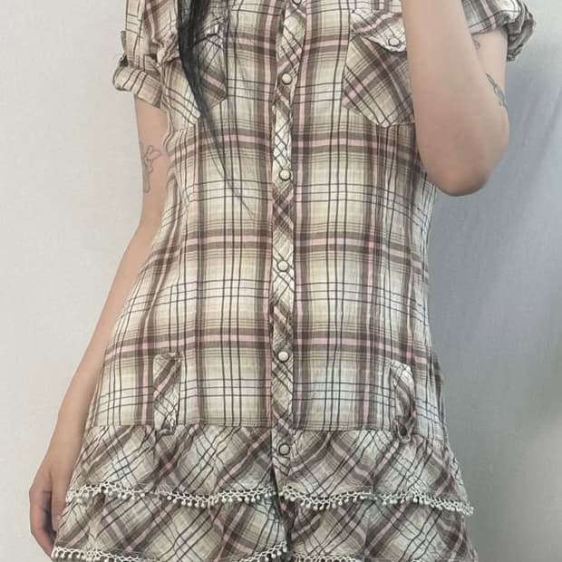 언샤픈빈티지 체크 셔츠 블라우스 원피스 레이어드 프릴 히메갸루 라떼갸루